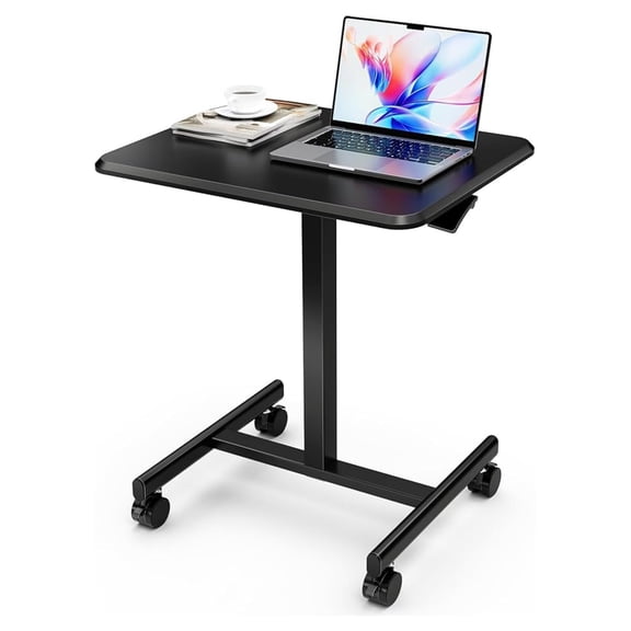 Standing Desk Small Rolling Desk with Lockable Wheels, Mobile Stand Up Desk Adjustable Height 28-43 Inch, Portable Laptop Desk, Small Computer Standing Table Sit Stand Black