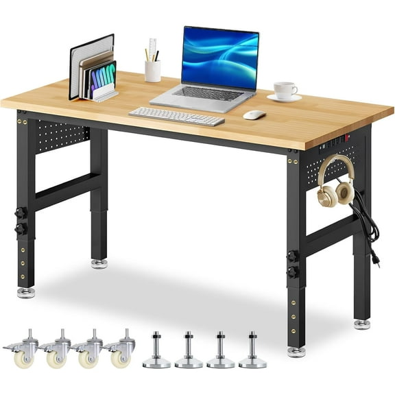 Standing Desk, Stand up Desk, 48x24 Inches Sit Stand Home Office Computer Desk with Power Outlet & Pegboard & Wheels, Rubber Wood Top