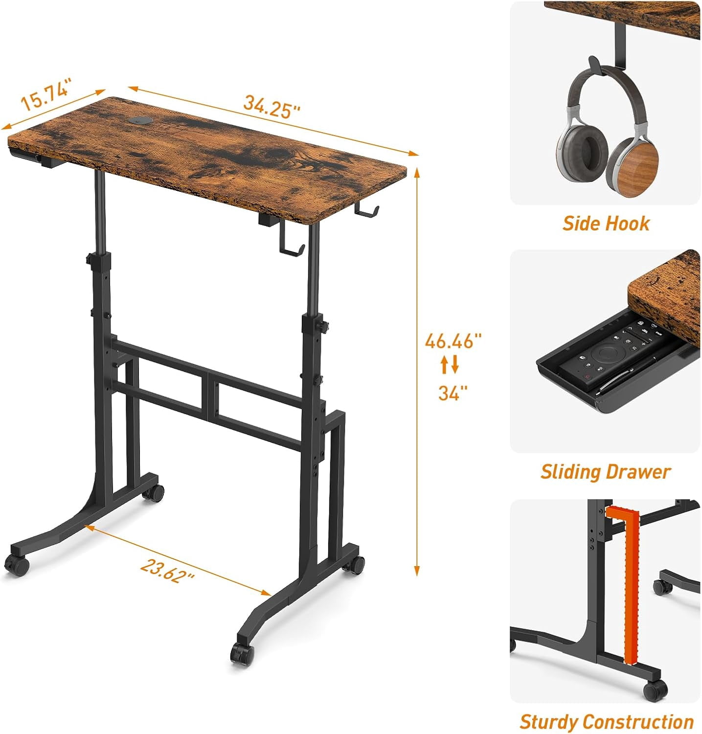 Standing Desk with Wheels Adjustable Treadmill Desk Rolling Bike Trainer Desk for Walking Pad Laptop Phone Standing Brown Ergonomic Home Office Workout Station
