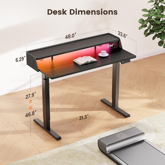 Standing Desk with LED Strip, 48x24 Electric Height Adjustable RGB Gaming Desk with Shelf