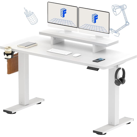 Standing Desk with Monitor Stand, 55 x 24 Inches One-Piece Electric Height Adjustable Computer Desk with Cup Holder for Home Office, White