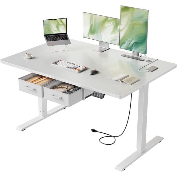 HLDIRECT Electric Standing Desk with 2 Drawers & Power Outlets & USB Ports, 47×31.5 inches Height Adjustable Desk with Storage, Sit Stand up Desk for Home Office, White