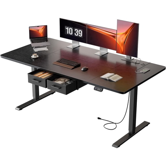 HLDIRECT Electric Standing Desk with 2 Drawers & Power Outlets & USB Ports, 63×31.5 inches Height Adjustable Desk with Storage, Sit Stand up Desk for Home Office, Black