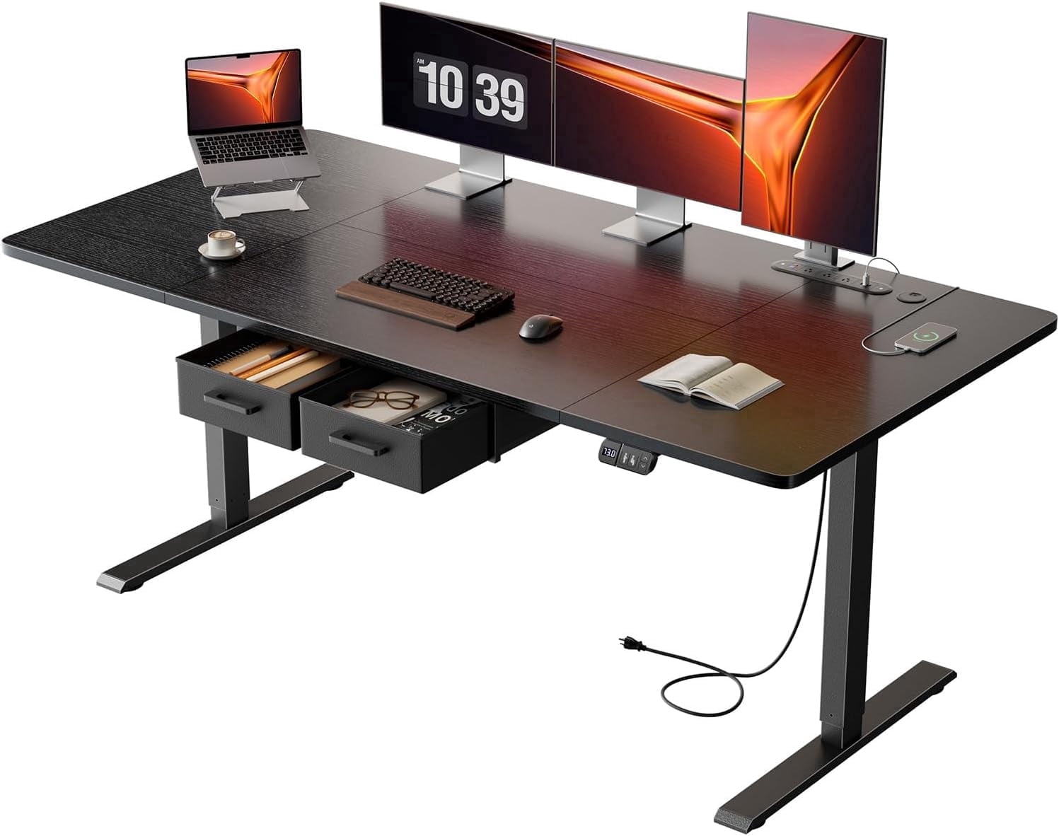 HLDIRECT Electric Standing Desk with 2 Drawers & Power Outlets & USB Ports, 63×31.5 inches Height Adjustable Desk with Storage, Sit Stand up Desk for Home Office, Black