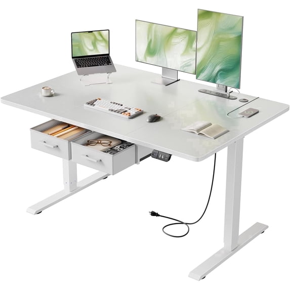 HLDIRECT Electric Standing Desk with 2 Drawers & Power Outlets & USB Ports, 47×31.5 inches Height Adjustable Desk with Storage, Sit Stand up Desk for Home Office, White