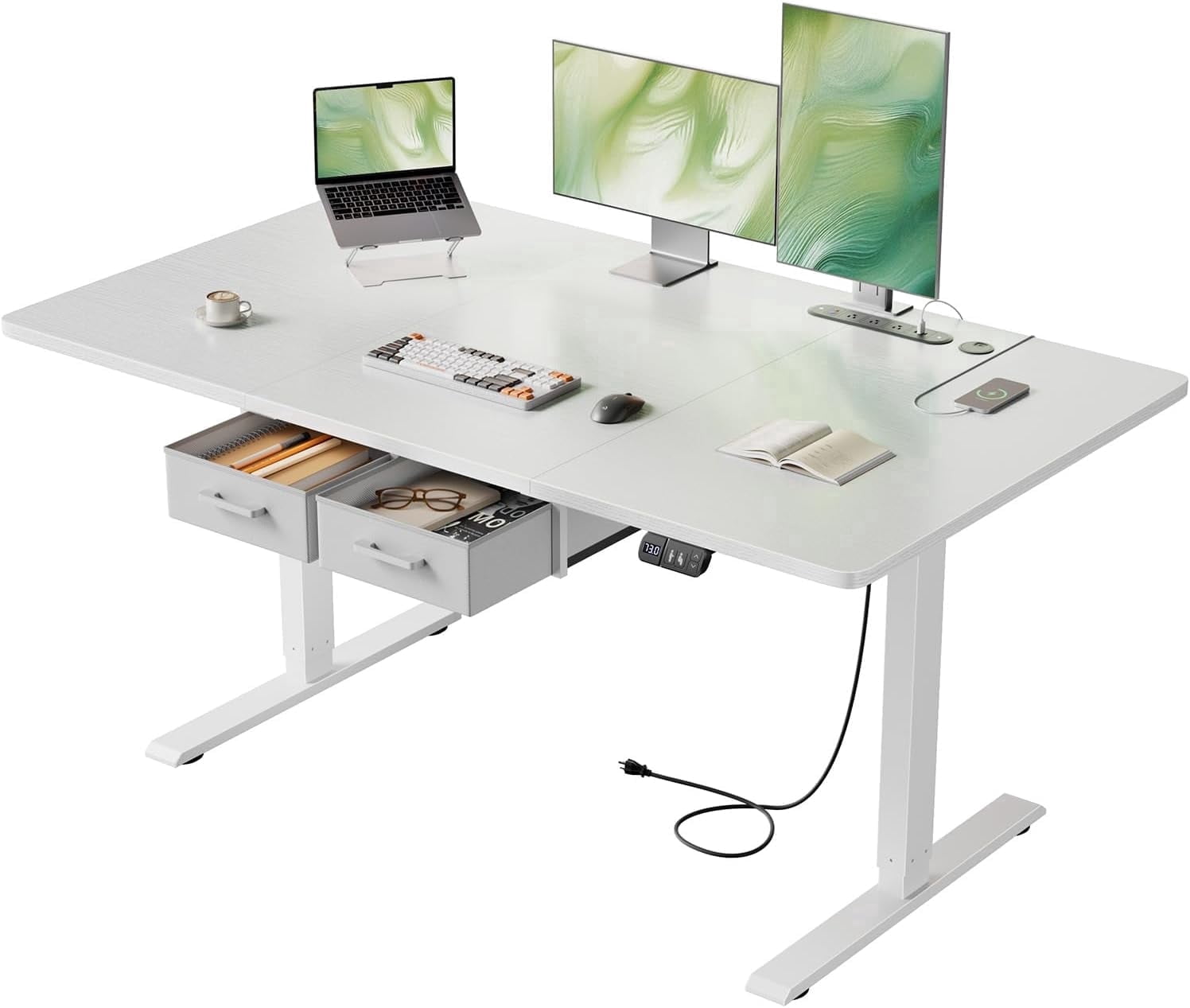 HLDIRECT Electric Standing Desk with 2 Drawers & Power Outlets & USB Ports, 55×31.5 inches Height Adjustable Desk with Storage, Sit Stand up Desk for Home Office, White
