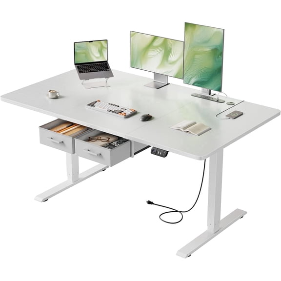 HLDIRECT Electric Standing Desk with 2 Drawers & Power Outlets & USB Ports, 55×31.5 inches Height Adjustable Desk with Storage, Sit Stand up Desk for Home Office, White