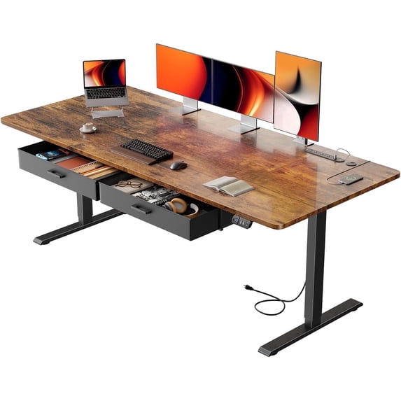 HLDIRECT Electric Standing Desk with 2 Drawers & Power Outlets & USB Ports, 71×31.5 inches Extra-Large Desktop Height Adjustable Desk with Storage, Sit Stand up Desk for Home Office, Rustic Brown
