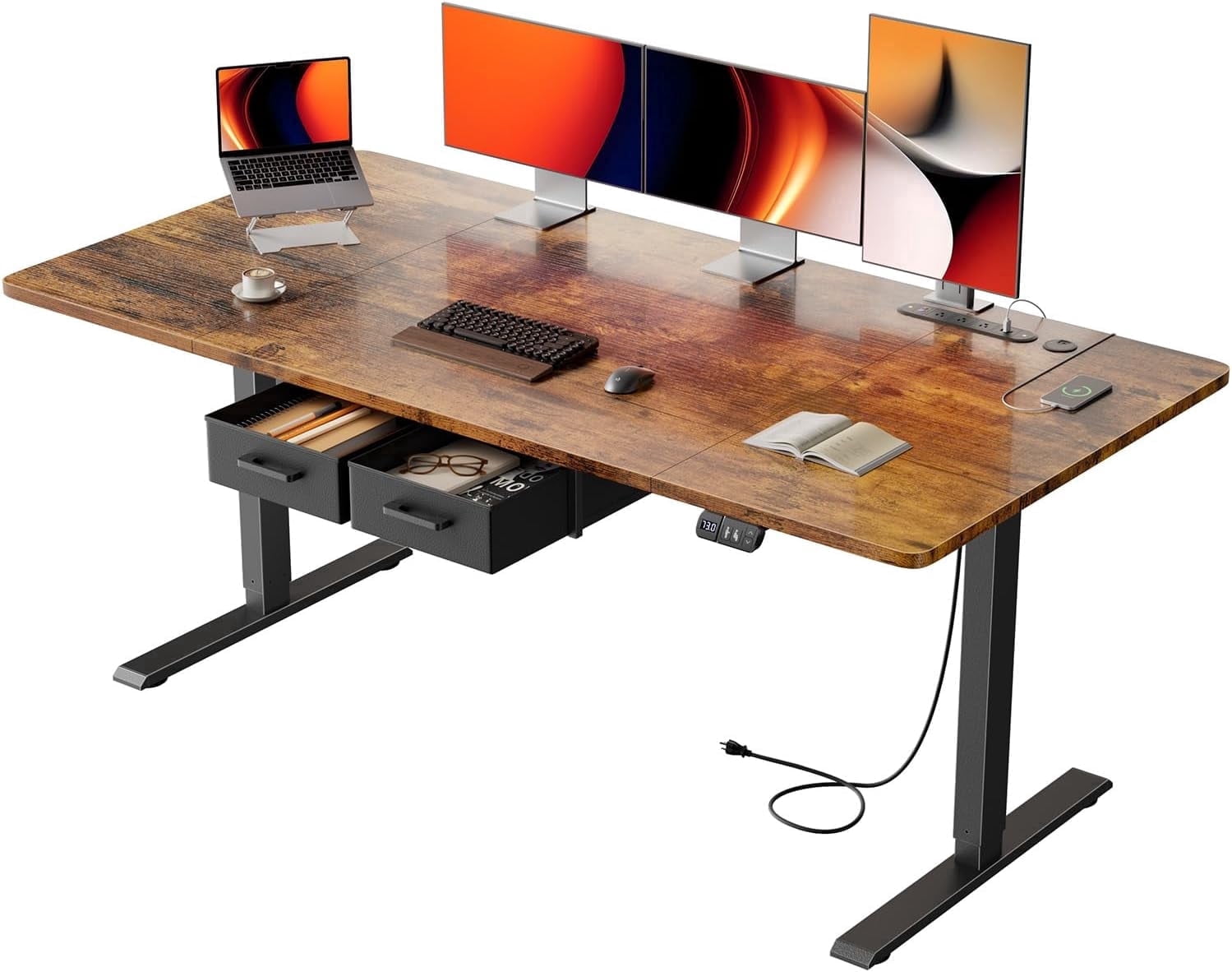 HLDIRECT Electric Standing Desk with 2 Drawers & Power Outlets & USB Ports, 63×31.5 inches Height Adjustable Desk with Storage, Sit Stand up Desk for Home Office, Rustic Brown