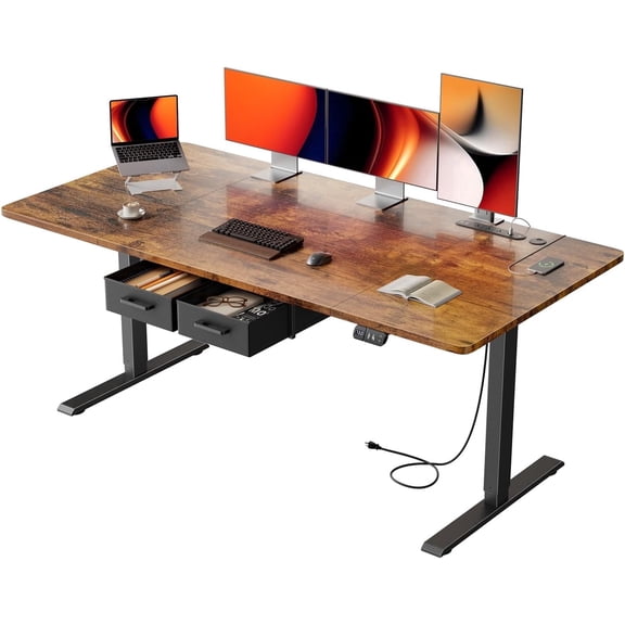HLDIRECT Electric Standing Desk with 2 Drawers & Power Outlets & USB Ports, 63×31.5 inches Height Adjustable Desk with Storage, Sit Stand up Desk for Home Office, Rustic Brown