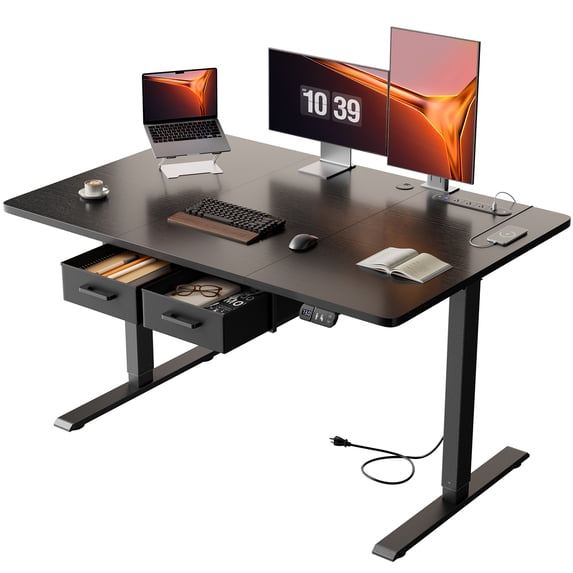 HLDIRECT 47"×31.5" Electric Standing Desk with 2 Drawers & Power Outlets & USB Ports, Height Adjustable Desk with Storage, Sit Stand up Desk for Home Office, Black