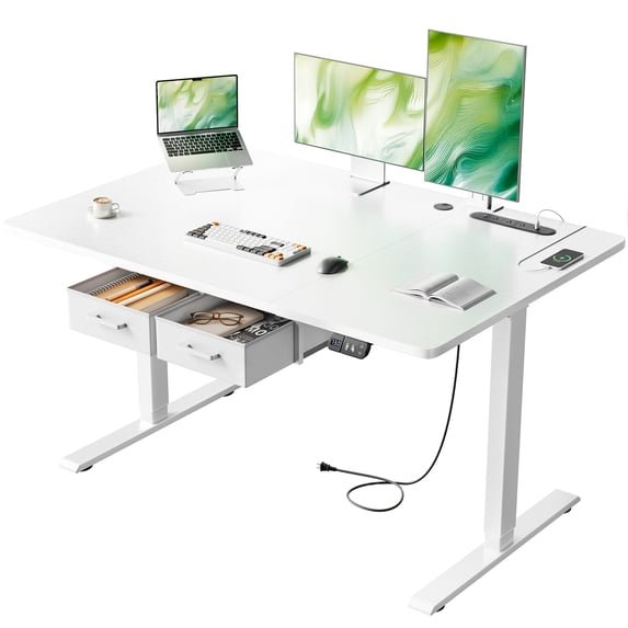 HLDIRECT 47"×31.5" Electric Standing Desk with 2 Drawers & Power Outlets & USB Ports, Height Adjustable Desk with Storage, Sit Stand up Desk for Home Office, White