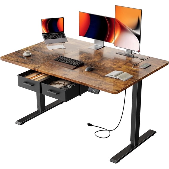 HLDIRECT Electric Standing Desk with 2 Drawers & Power Outlets & USB Ports, 47×31.5 inches Height Adjustable Desk with Storage, Sit Stand up Desk for Home Office, Rustic Brown
