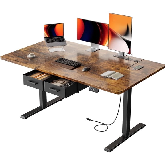 HLDIRECT Electric Standing Desk with 2 Drawers & Power Outlets & USB Ports, 55×31.5 inches Height Adjustable Desk with Storage, Sit Stand up Desk for Home Office, Rustic Brown