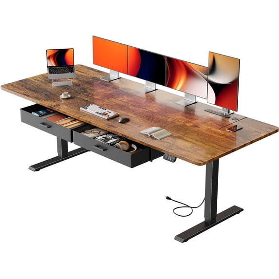 HLDIRECT 79"×31.5" Electric Standing Desk with 2 Drawers & Power Outlets & USB Ports, Extra-Large Desktop Height Adjustable Desk with Storage, Sit Stand up Desk for Home Office, Rustic Brown