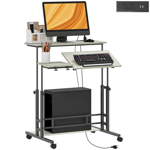 Standing Desk with Power Outlets, Height Adjustable Stand Up Desk with Tiltable Tabletop, Lockable Wheels, Shelf, for Home Office, Oak