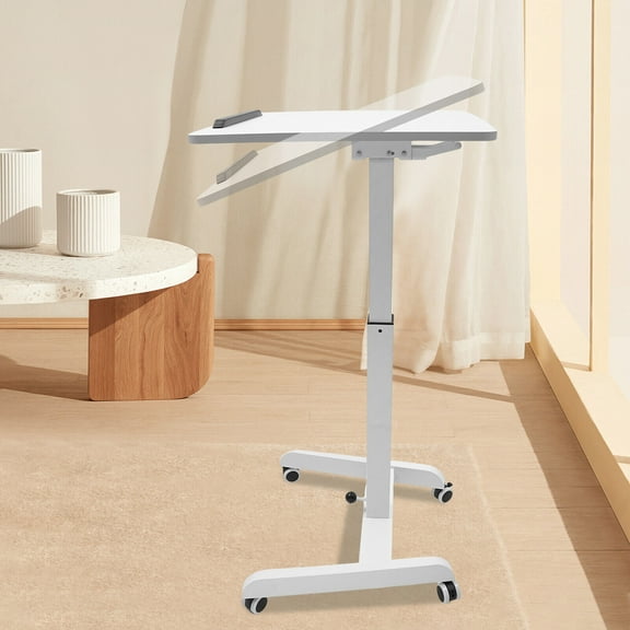 Standing Desk with Tilting Top, Modern White Mobile Standing Desk, Lectern Portable with Wheels 20.5*23.6*44.2in