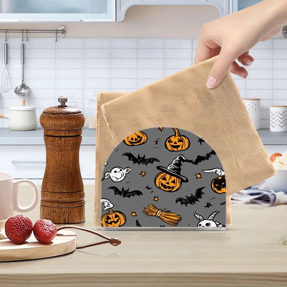 Standing Dining Table Napkin Holder, Napkin Holder for Table Kitchen Acrylic Paper Tissue Organization, Black Pumpkins and Bats