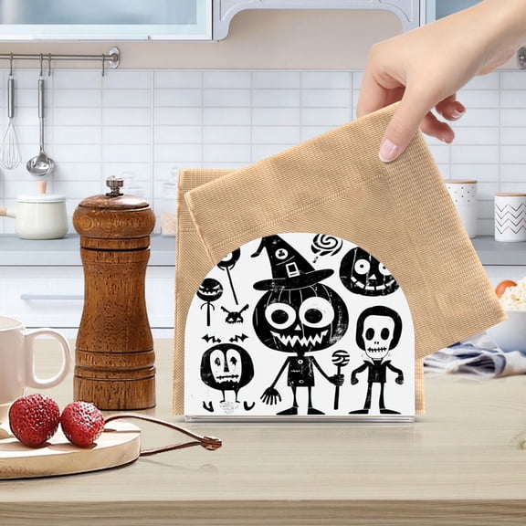 Standing Dining Table Napkin Holder, Napkin Holder for Table Kitchen Acrylic Paper Tissue Organization, Black and White Pumpkins