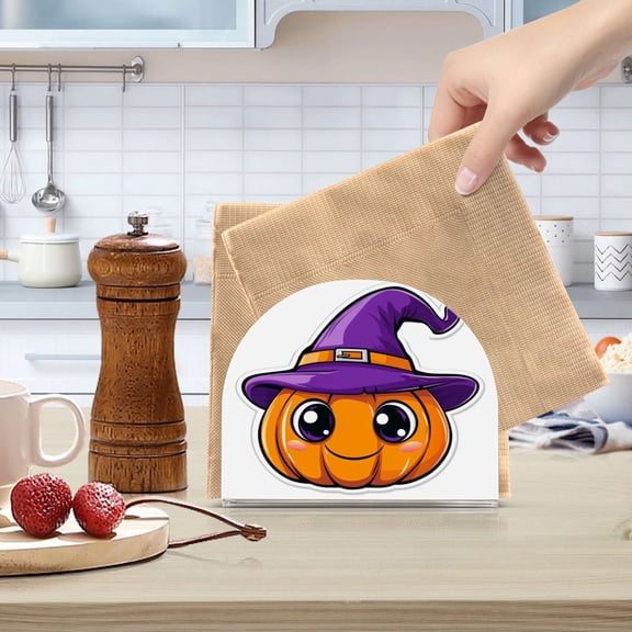 Standing Dining Table Napkin Holder, Napkin Holder for Table Kitchen Acrylic Paper Tissue Organization, Cartoon Pumpkin Wearing Witch Hat