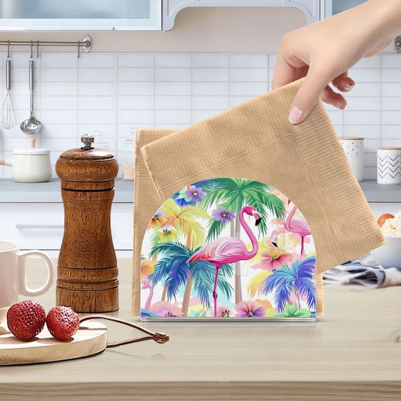 Standing Dining Table Napkin Holder, Napkin Holder for Table Kitchen Acrylic Paper Tissue Organization, Flamingos and Palm Trees