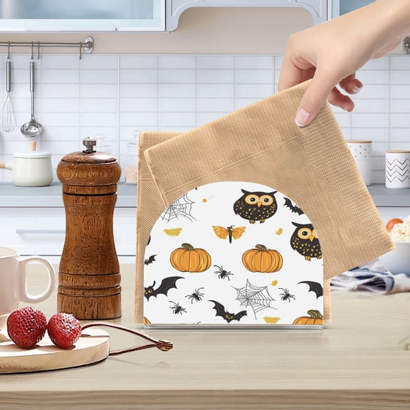 Standing Dining Table Napkin Holder, Napkin Holder for Table Kitchen Acrylic Paper Tissue Organization, Halloween Pattern with Owls Pumpkins