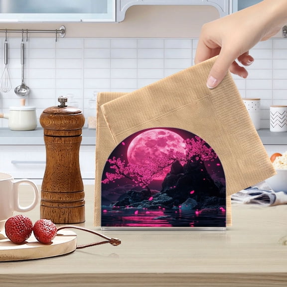 Standing Dining Table Napkin Holder, Napkin Holder for Table Kitchen Acrylic Paper Tissue Organization, Pink Moon and Cherry Blossoms