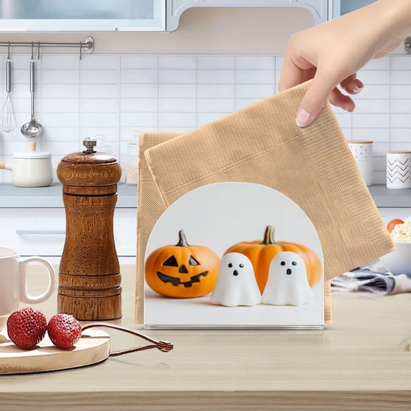 Standing Dining Table Napkin Holder, Napkin Holder for Table Kitchen Acrylic Paper Tissue Organization, White Ghost and Orange Pumpkins