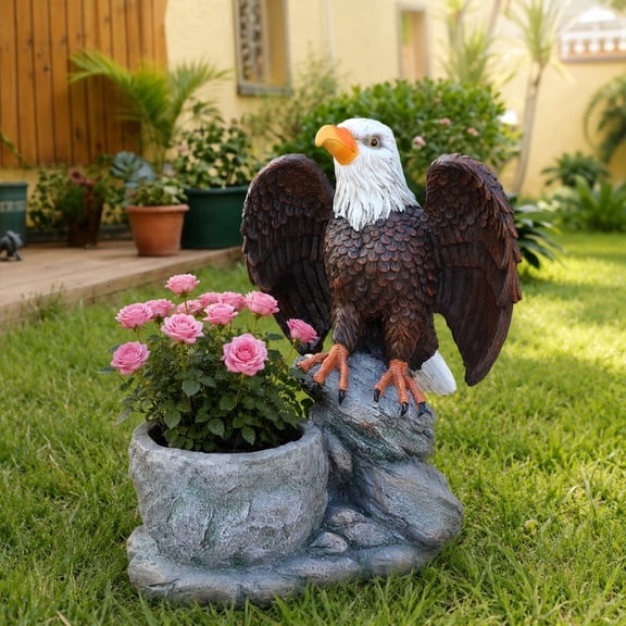 Standing Eagle Statue Garden Planter on Faux Stone Base, Decorative Black Faux Stone Planter, Rustic Eagle Plat Pot for Outdoor Patio
