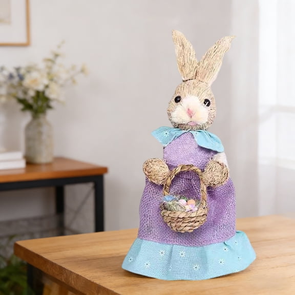 Standing Easter Bunny Figurine Ornament 18 Inch Easter Decorations Straw Woven Bunny Figurine Tabletop Decor with Carrots Basket Handmade Craft for Home Party Easter Festival Spring Decor