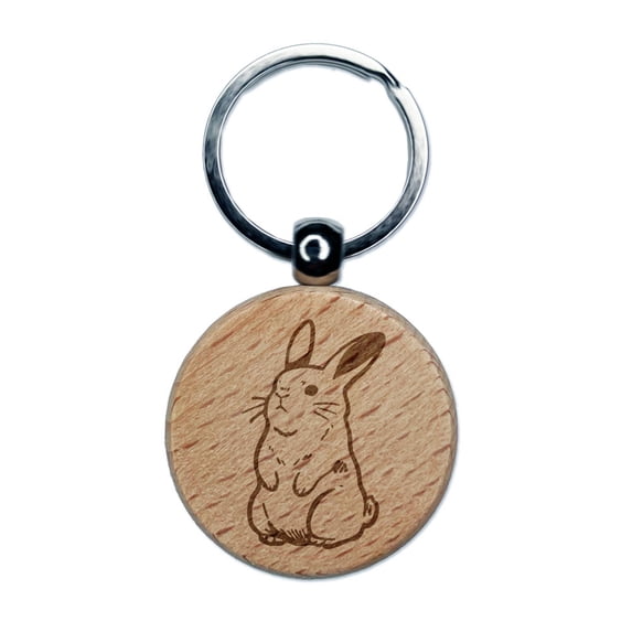 Standing Easter Bunny Rabbit Round Keychain Charm Tag - Engraved Wood
