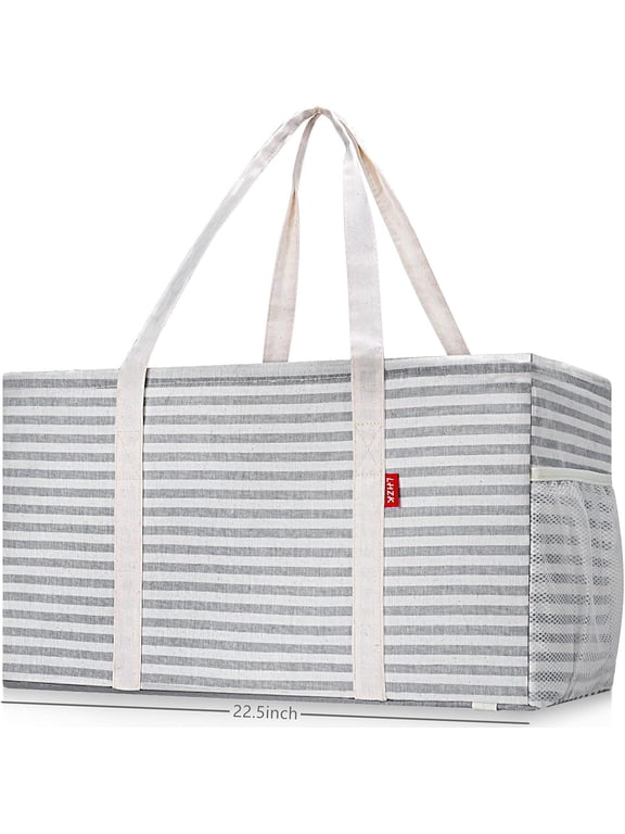 Standing Extra Large Utility Tote Bag with Metal Wire Frame and the Sides Rinforced, Extra Large Tote Bag with Handle, Reusable Grocery Bags Foldable, Beach Bag, Car Tote (Gray)