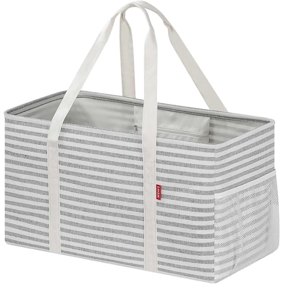 Standing Extra Large Utility Tote Bag with Metal Wire Frame and the Sides Rinforced, Handle, Reusable Grocery Bags Foldable, Beach Bag, Car (Gray) | 22.510.512 inch