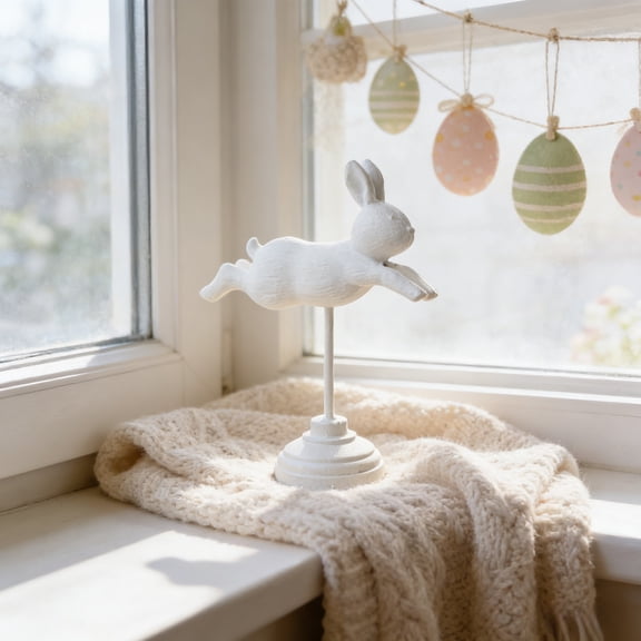 Standing Flying Wooden Bunny Ornament Easter Wooden Rabbit Figurine Carved Bunny Statue Home Holiday Decor Table Shelf Display Spring Party Gift Mantel Seasonal Decoration