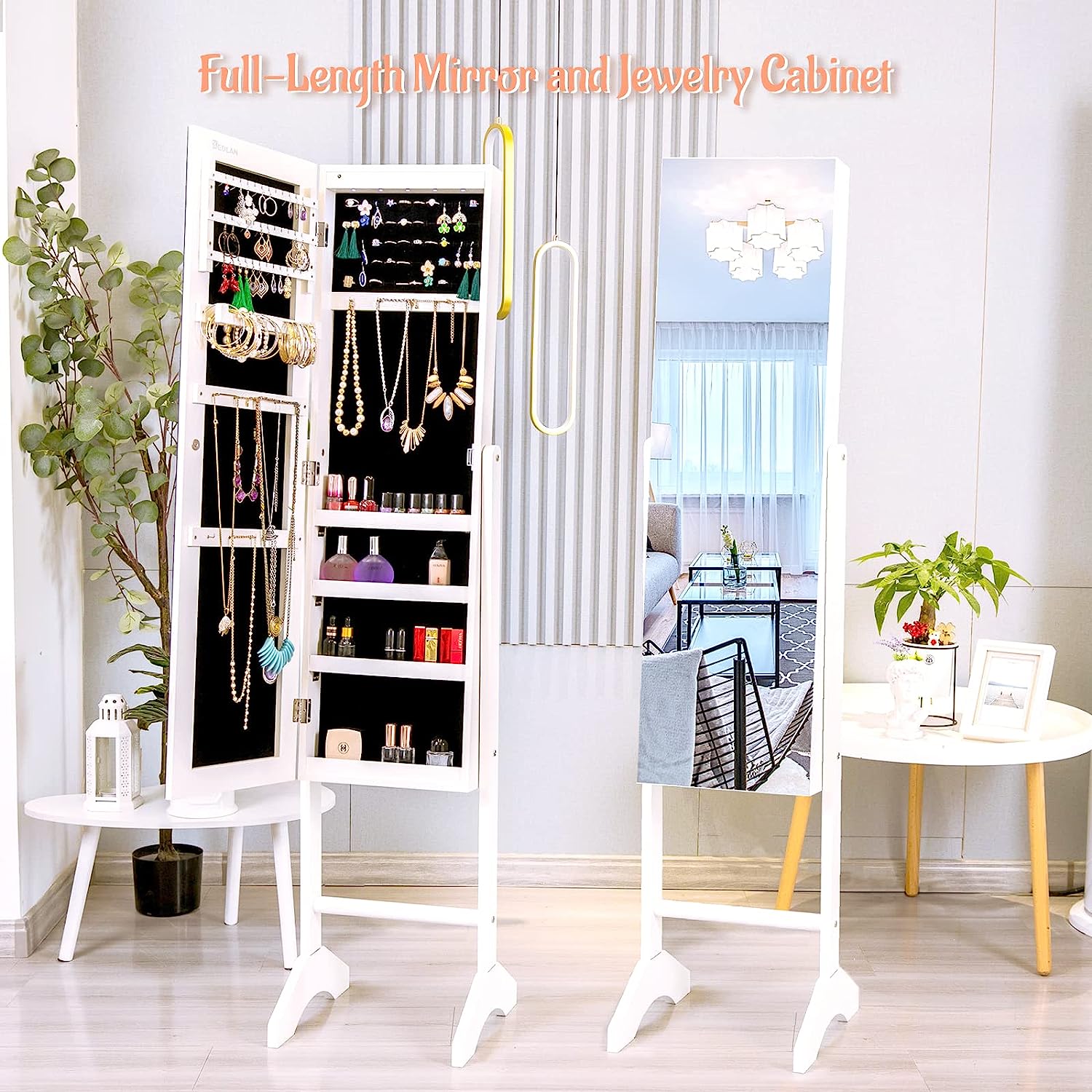 Standing FullLength Mirror Jewelry Armoire, Lockable Jewelry Organizer