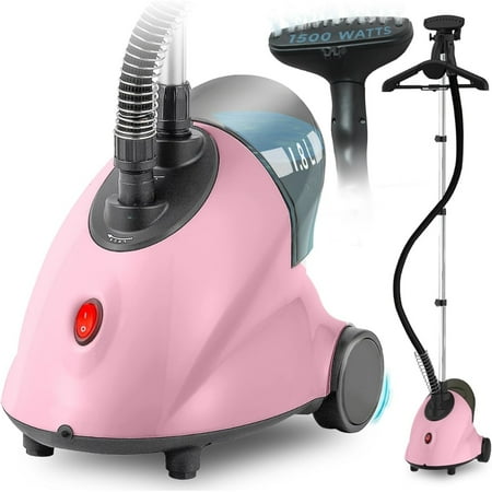 Standing Garment Steamer with Roll Wheels for Easy Movement, 1.8L Water Tank for 1 Hour Continuous Steaming, Adjustable Pole for Storage, Includes Descaler Packet, 1500 watts - Pink