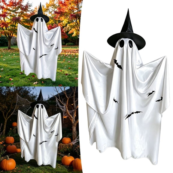 Standing Ghost with Witch Hat Metal Halloween Decoration White 1pc