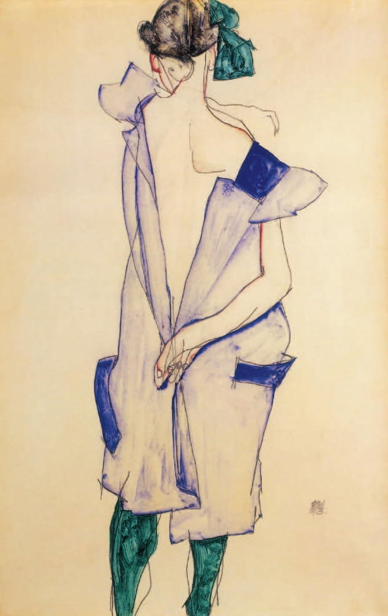 Standing Girl in Blue dress and Green Stockings 1913 Canvas Art - Egon Schiele (24 x 36)