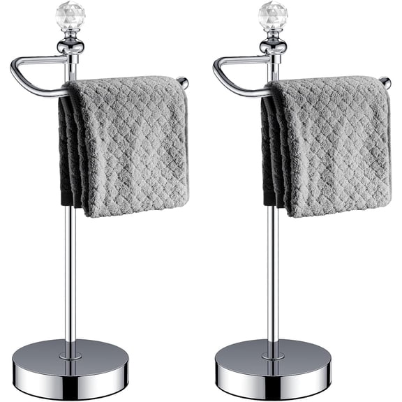 Standing Hand Towel Holder Stainless Steel Free-Standing Towel Bar for Bathroom Kitchen Countertop Rustic Towel Ring Stand with Crystal Ball 15.7 Inches High Polished Chrome 2 Pack
