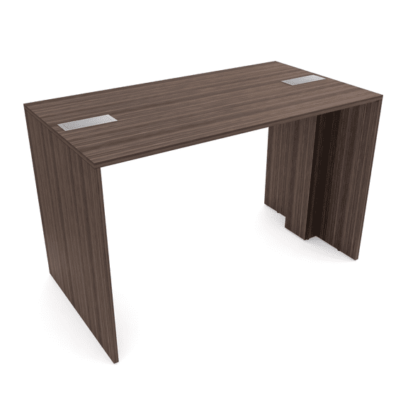 Standing Height Collaborative Table | 2 Person Face-To-Face Desk | 3x5 All Laminate Teaming Table With Double Power And Data Units | Natural Eucalyptus And Silver