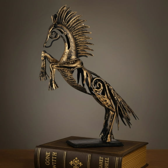 Standing Horse Statue, Metal Horse Figurine for Home Decor, Detailed Sculpted Horse Ornament in Leaping Pose, Vintage Bronze Gold Finish for Tabletop Decor