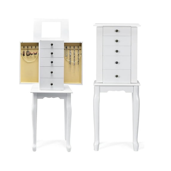 Standing Jewelry Armoire Cabinet, Wooden Jewelry Storage Chest with Flip Top Mirror, 2 Side Doors, 5 Drawers, Top Divided Compartments Jewelry Cabinet for Home, Dorm, Apartment, White