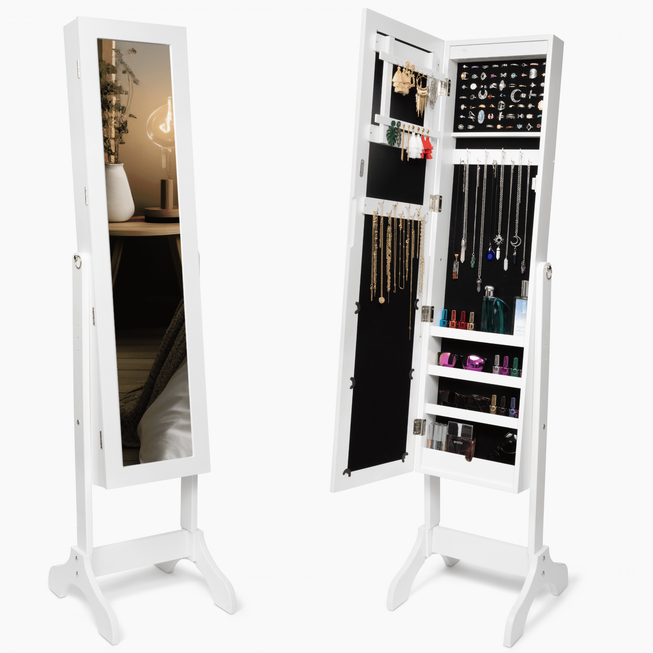 DECOMIL Standing Jewelry Armoire, LED Light Free Standing Jewelry Armoire, Jewelry Cabinet Armoire with Mirror