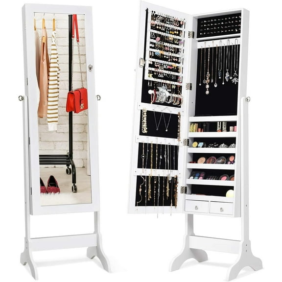 Standing Jewelry Armoire, Lockable Jewelry Cabinet with Full Length Mirror, LED Lights, 4 Tilt Angle Adjustable, Mirror with Jewelry Storage, Standing Jewelry Organizer with Drawers, Black