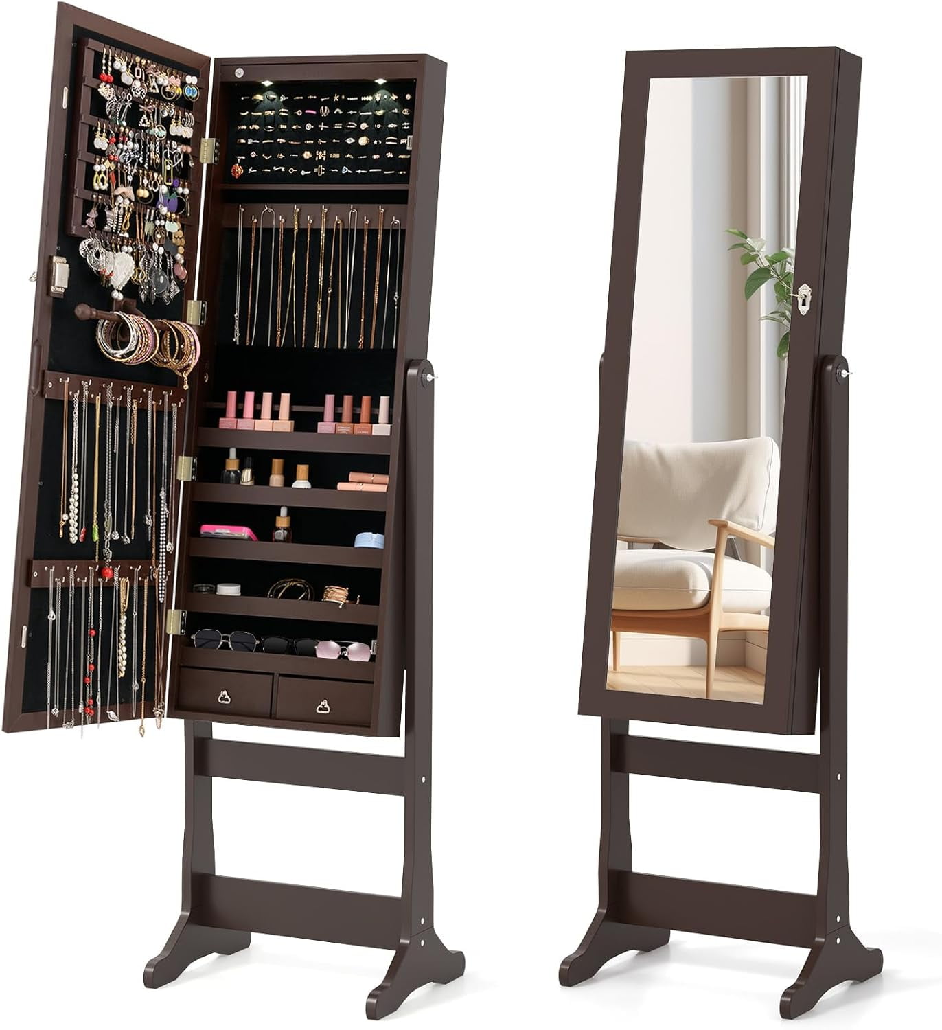 Standing Jewelry Armoire, Lockable Jewelry Cabinet with Full Length