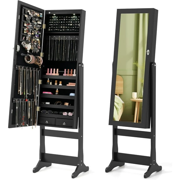 Standing Jewelry Armoire, Lockable Jewelry Cabinet with Full Length Mirror, LED Lights, 4 Tilt Angle Adjustable, Mirror with Jewelry Storage, Standing Jewelry Organizer with Drawers, Black