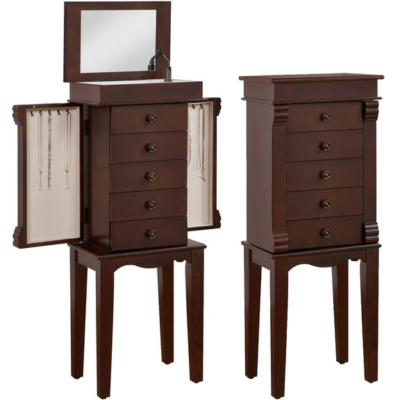 BOUQUETYZ Standing Jewelry Armoire with Mirror - 5 Drawers Wooden Jewelry Cabinet with Necklace Hooks & Side Doors, Top Makeup Organizer & Storage Chest for Women