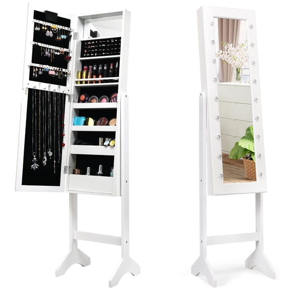 Standing Jewelry Cabinet with 18 LED Lights, Full-Length Mirror & Makeup Mirror, Spacious Storage for Earrings Necklaces Lipsticks, Bedroom Closet Organizer, White