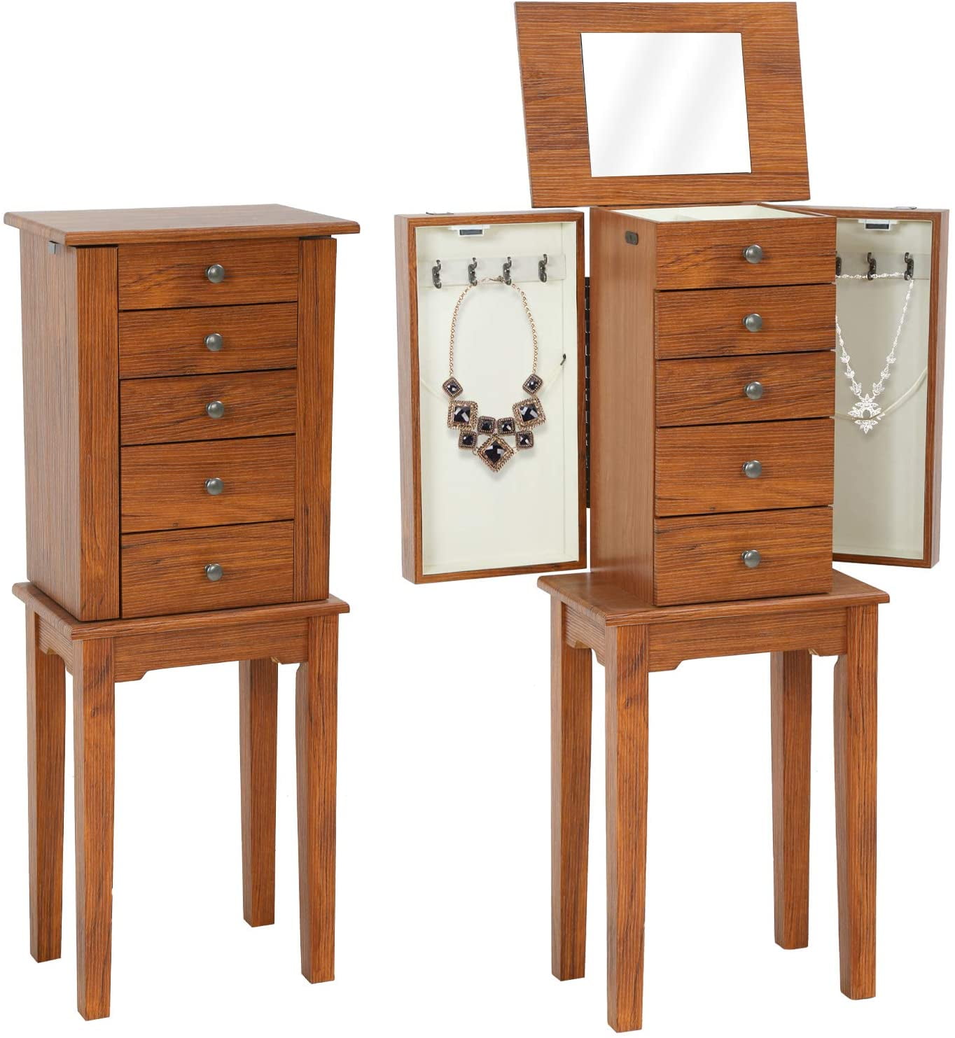 Walnut Brown Freestanding Jewelry Armoire with Mirror and 5 Drawers