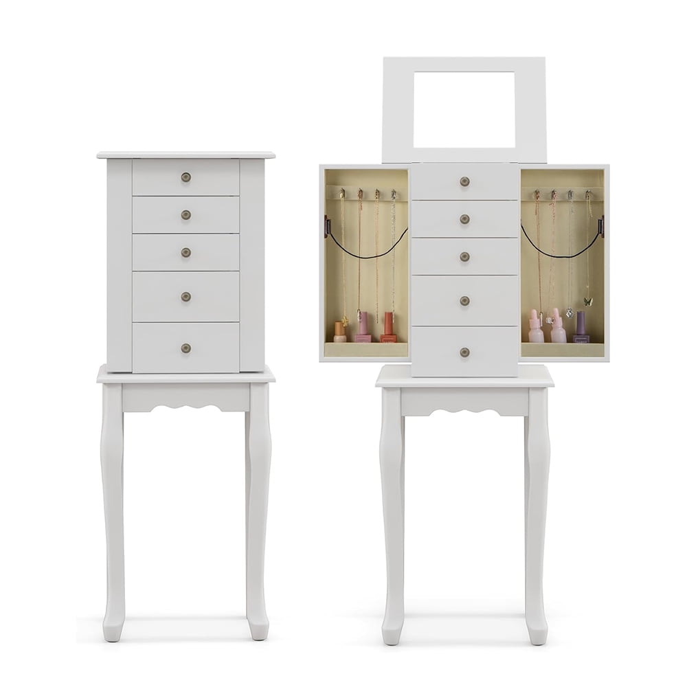 White Wall Mounted Jewelry Armoire with Mirror and Drawers